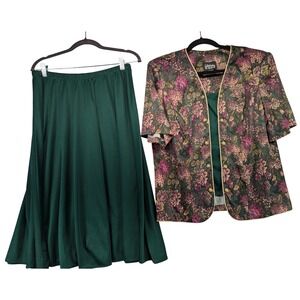 Whirlaway Frocks Womens 2 Piece Floral Blazer Skirt Set Green Pink Size 16WP‎